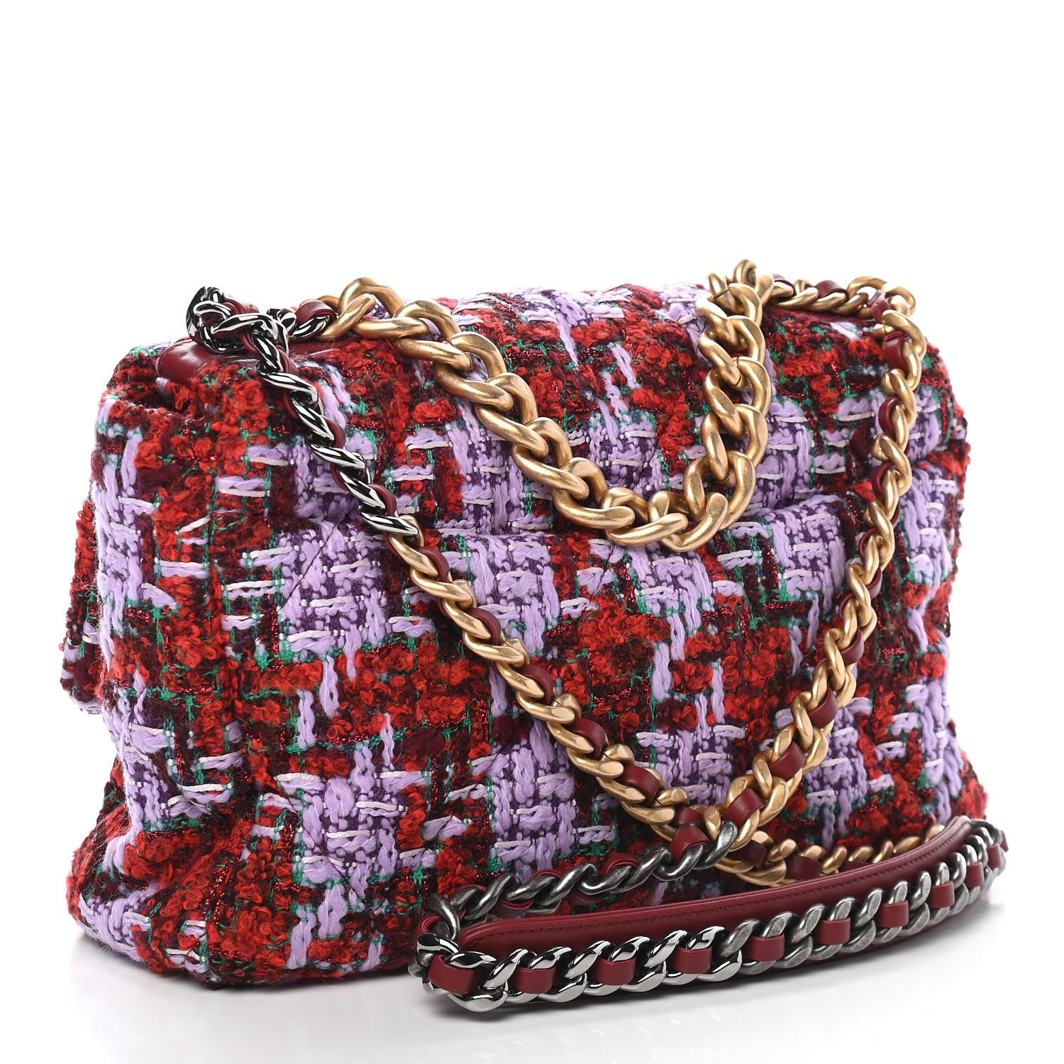 Chanel Tweed Quilted Large Chanel 19 Flap Red Purple Green 2 of 9