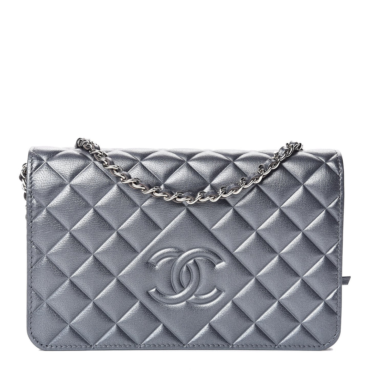 Metallic Goatskin Quilted Diamond CC Wallet On Chain WOC Grey