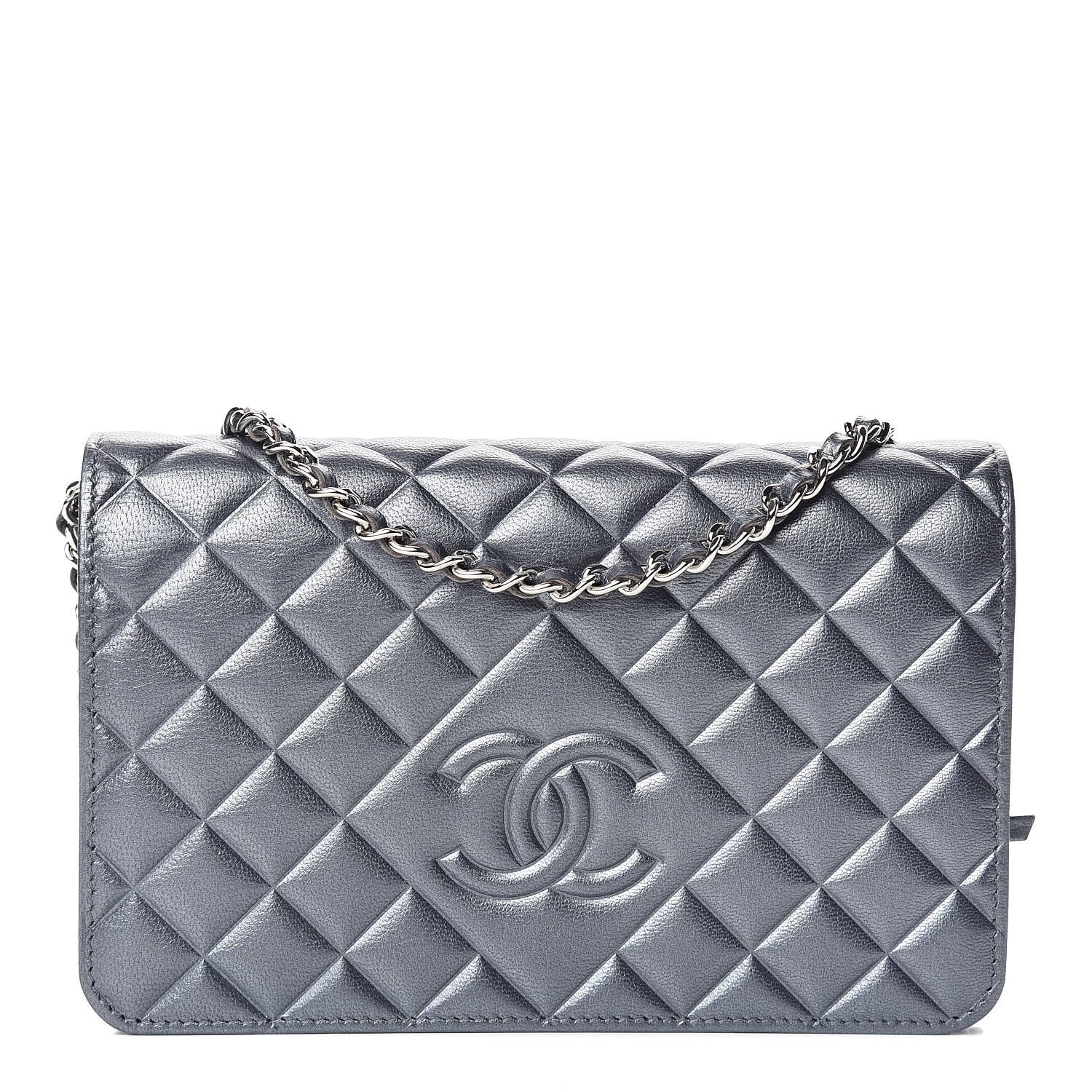 Chanel Metallic Goatskin Quilted Diamond CC Wallet On Chain WOC Grey 1 of 11