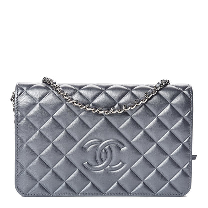 Chanel Metallic Goatskin Quilted Diamond CC Wallet On Chain WOC Grey 1 of 11