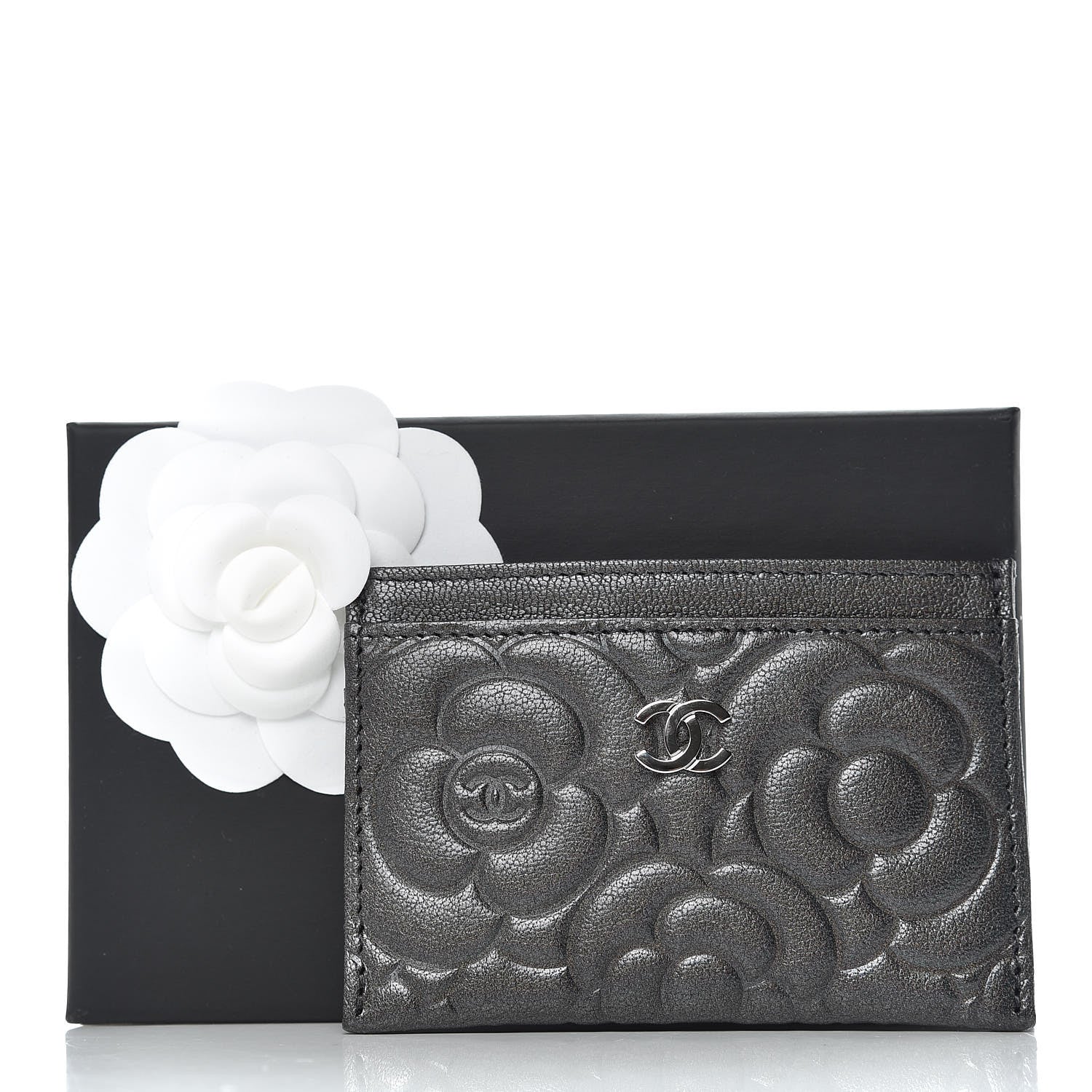 Chanel Goatskin Camellia Embossed Card Holder Grey 8 of 8
