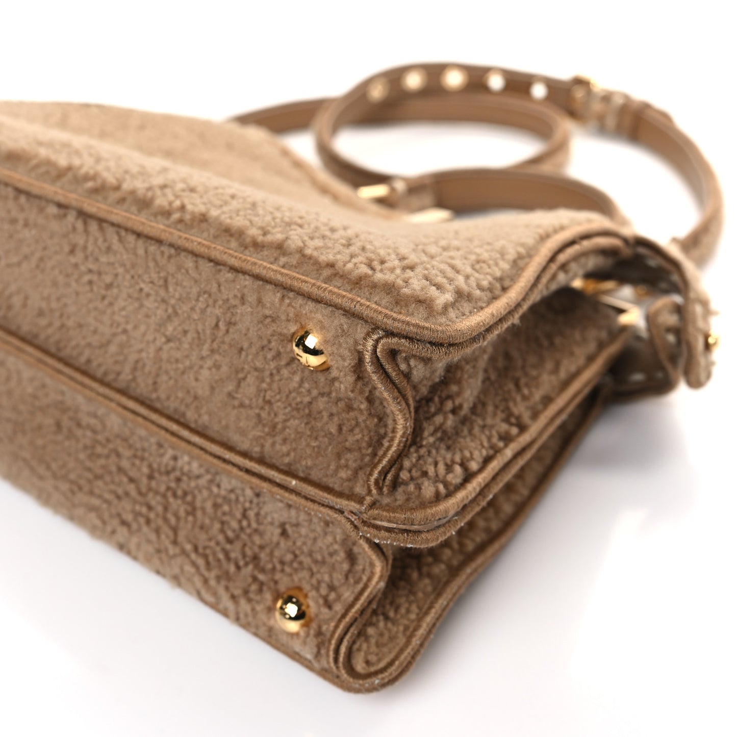 Curly Shearling Shiny Nappa Small Peekaboo I SEE U Satchel Camel