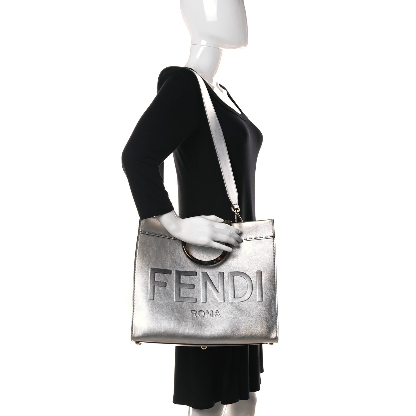 Vitello Catalan Mirror Plexiglass Logo Embossed Medium Fendi Sunshine Shopper Tote Argento