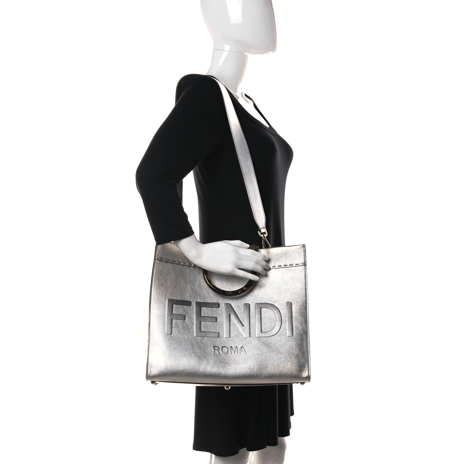 Fendi Vitello Catalan Mirror Plexiglass Logo Embossed Medium Fendi Sunshine Shopper Tote Argento 2 of 10