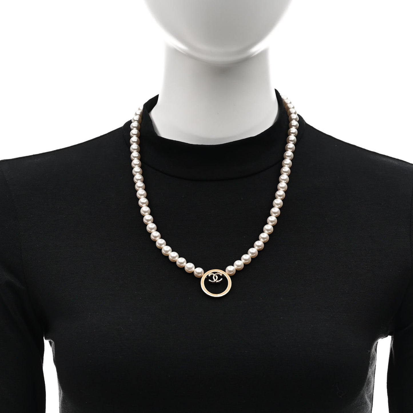 Pearl CC Round Long Necklace Gold White