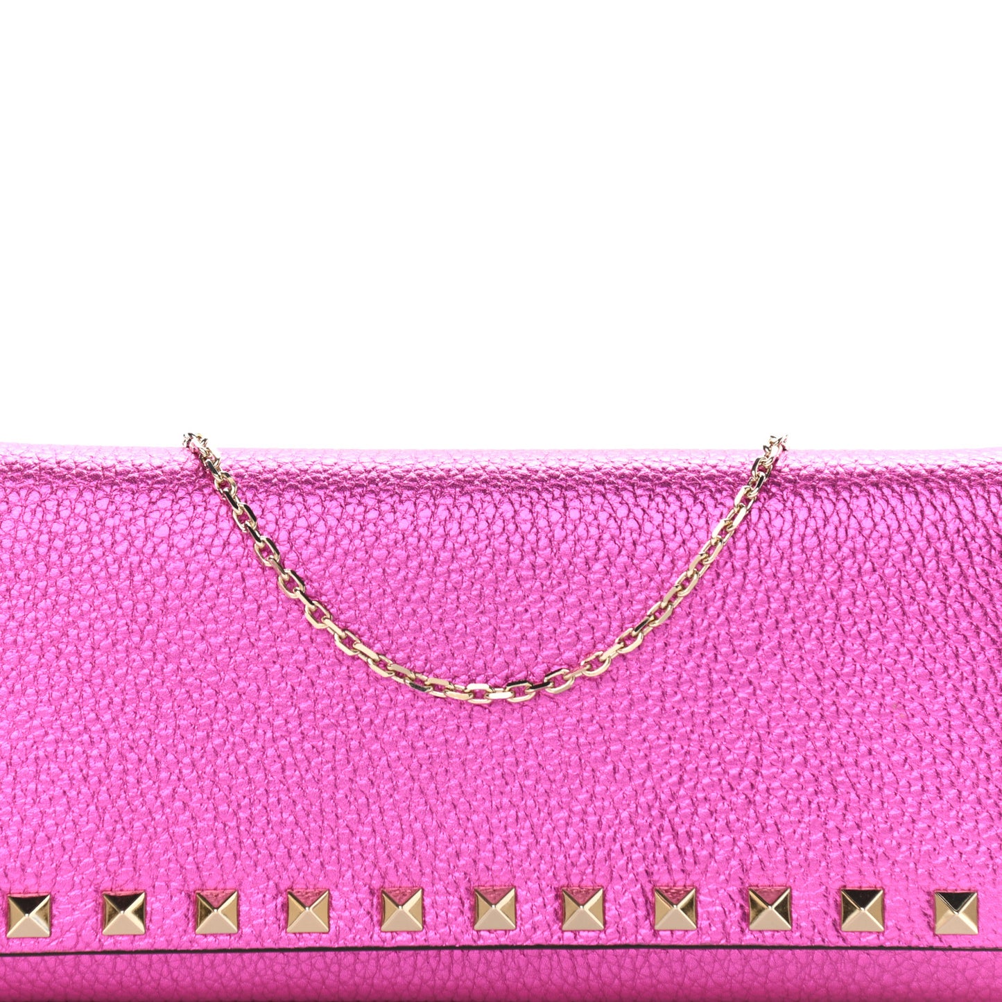 Metallic Pebbled Calfskin Rockstud Flap Wallet On Chain Peony