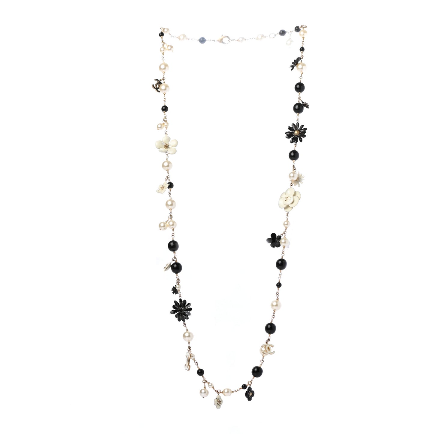Pearl Camellia CC Long Necklace Gold Black