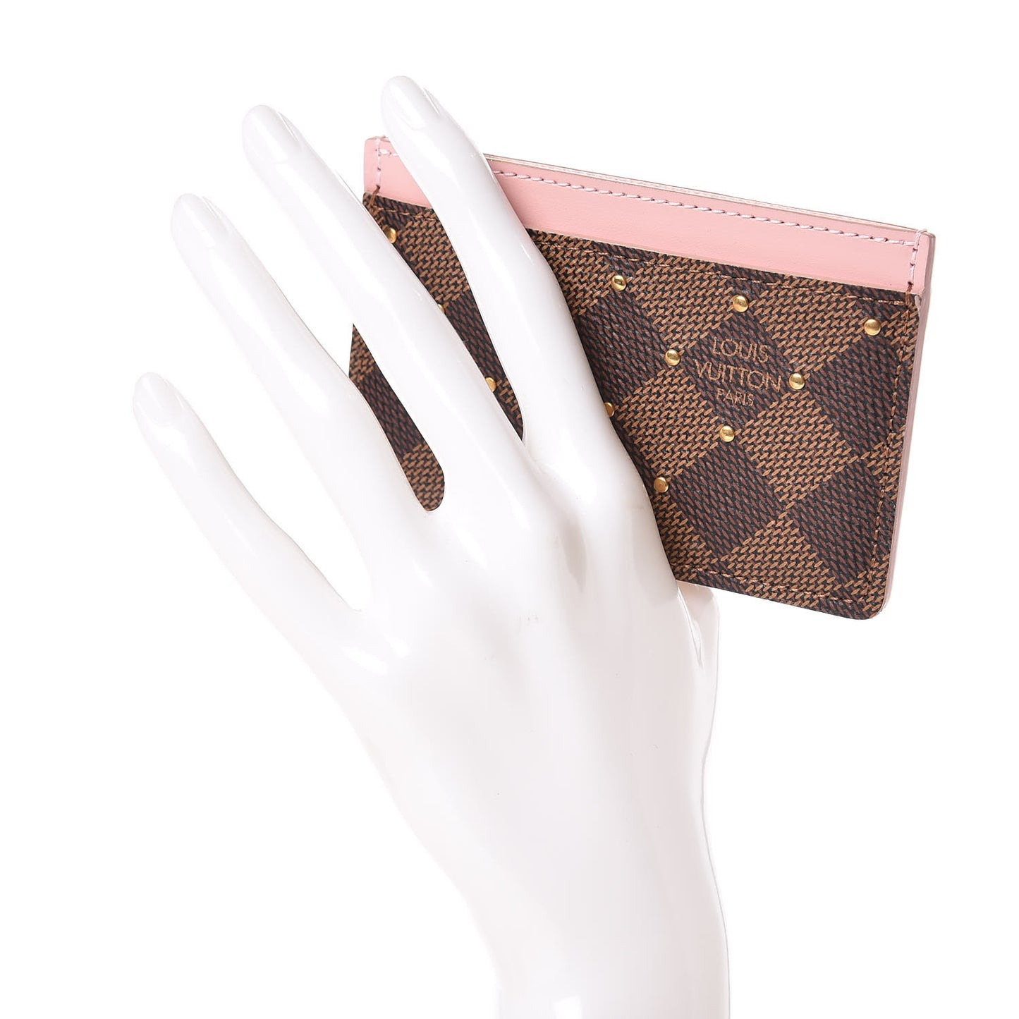Damier Ebene Studded Card Holder Rose Ballerine