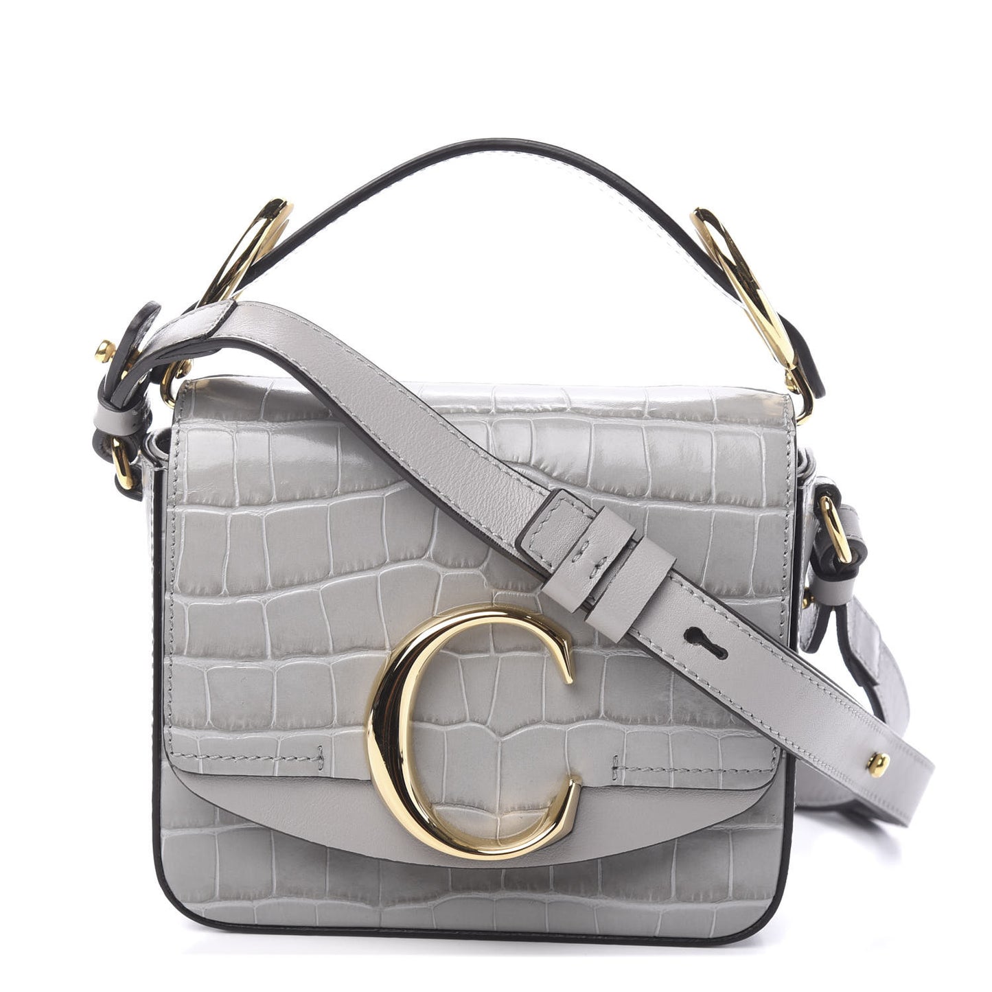 Crocodile Embossed Calfskin Mini C Double Carry Stormy Grey