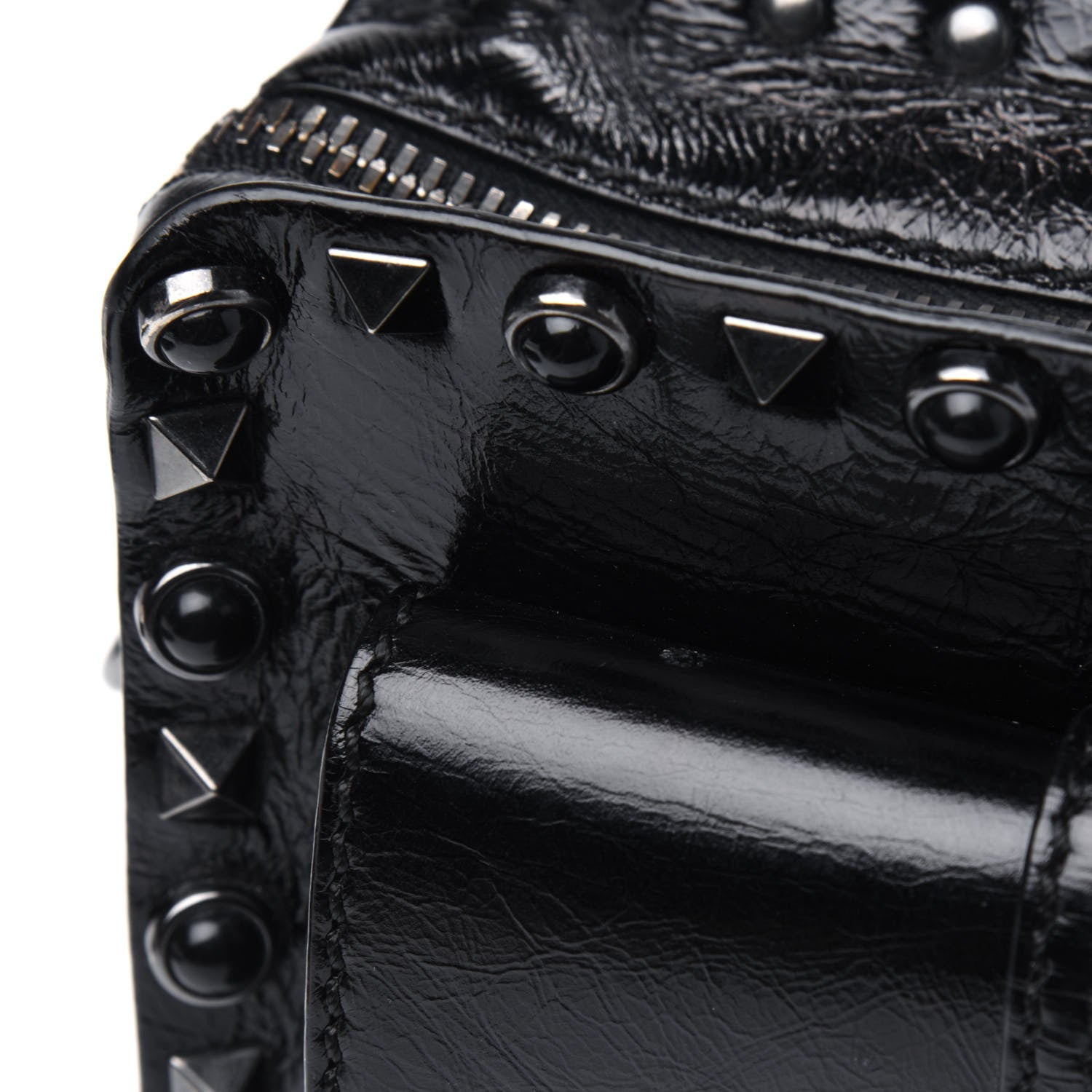 Valentino Garavani Craquele Calfskin Small Guitar Strap Rockstud Rolling Flap Pocket Shoulder Bag Black 11 of 14