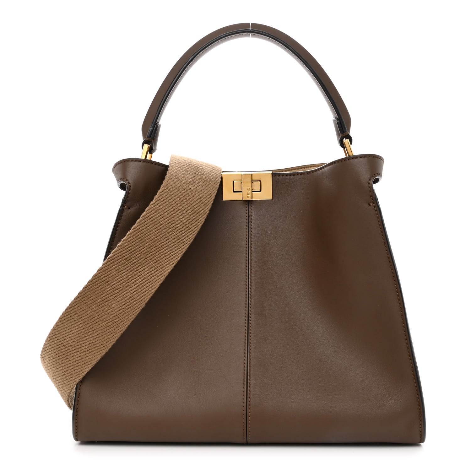 Fendi Vitello Seta Glazed Fabric FF 1974 Medium Peekaboo X-Lite Maya Mogano Panna 1 of 11