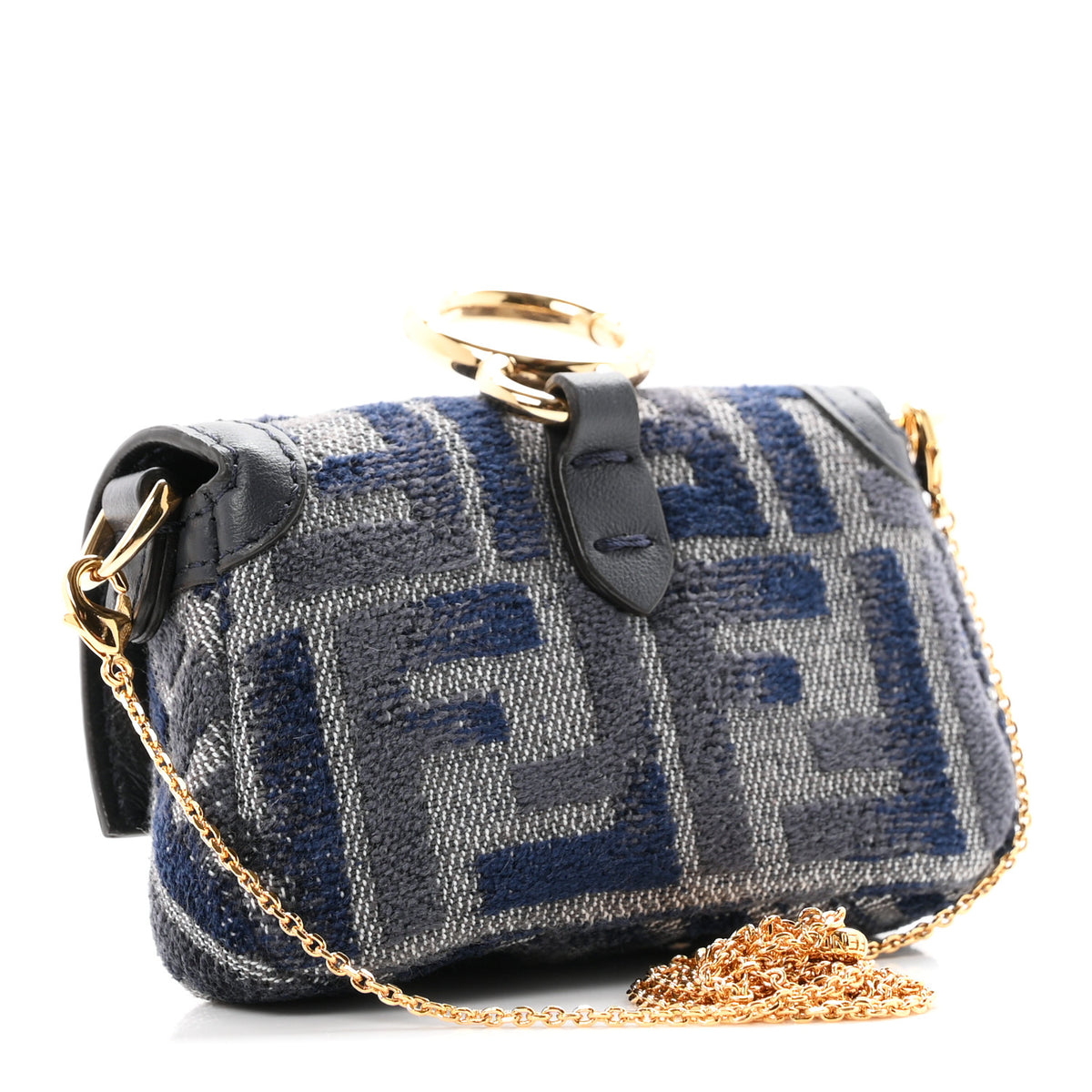 Fabric Vitello Jacquard FF Nano Maxi Buckle Baguette Charm Blue Grey