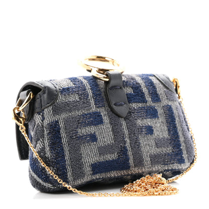 Fendi Fabric Vitello Jacquard FF Nano Maxi Buckle Baguette Charm Blue Grey 5 of 19