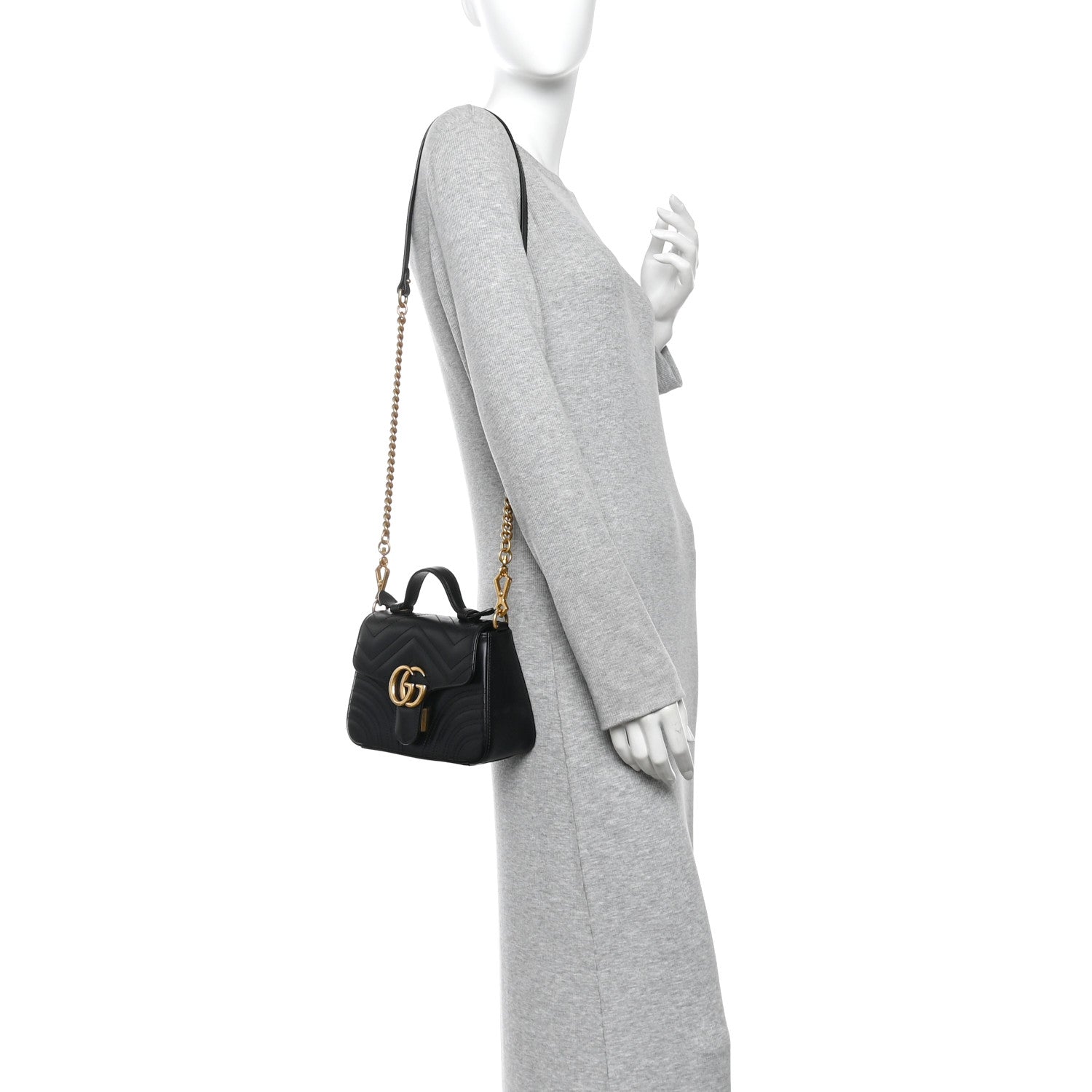 Gucci Calfskin Matelasse Mini GG Marmont Top Handle Shoulder Bag Black 2 of 11