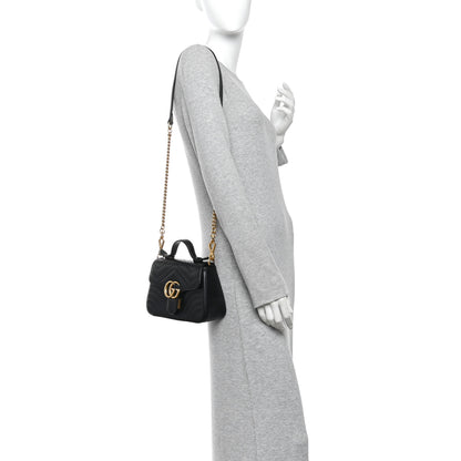Gucci Calfskin Matelasse Mini GG Marmont Top Handle Shoulder Bag Black 2 of 11