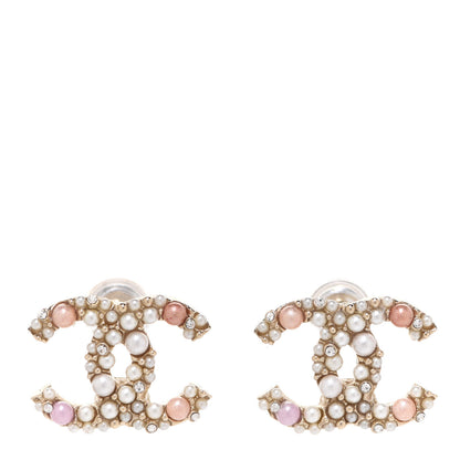 Chanel Pearl Crystal CC Charms Stud Earrings Light Gold Pink 1 of 4