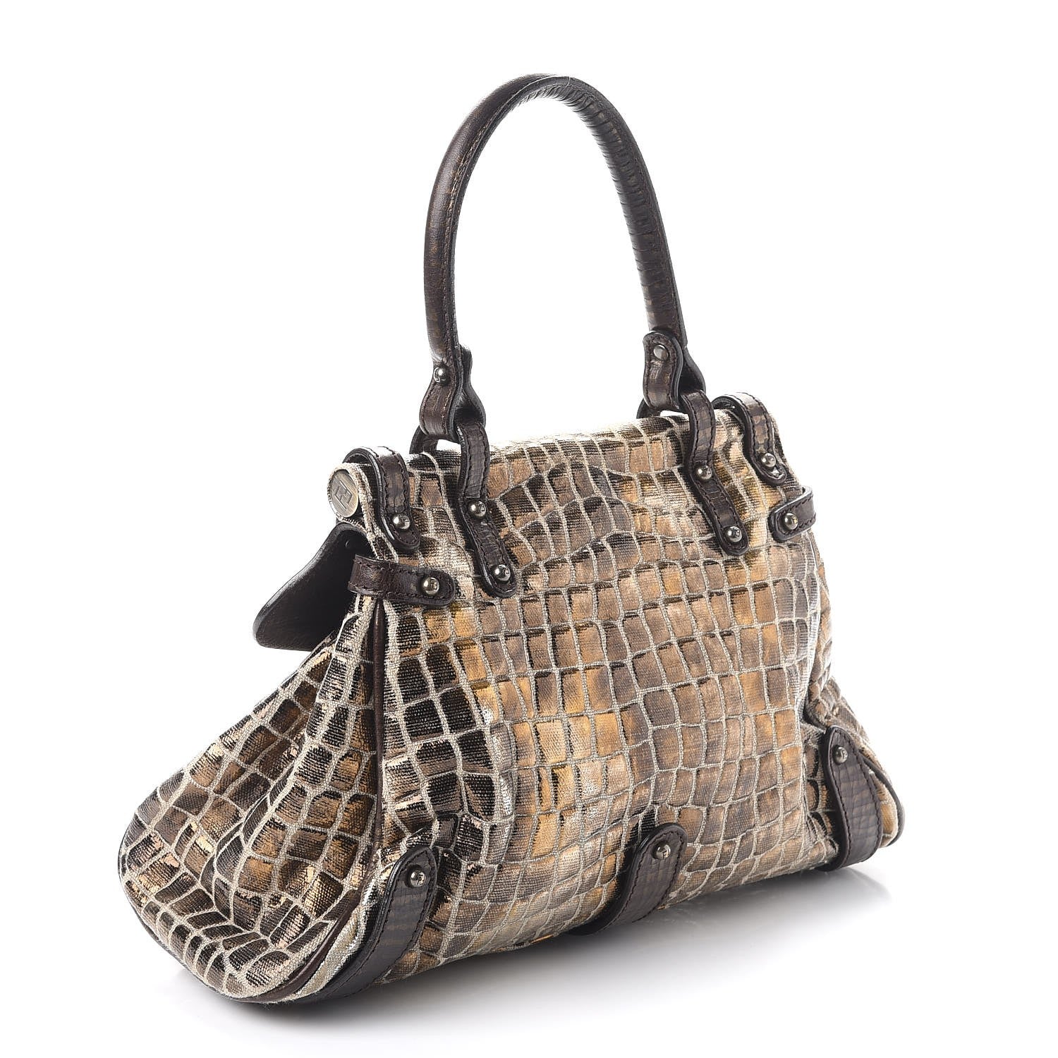 Fendi Metallic Canvas Croc Print Magic Satchel Brown 3 of 12