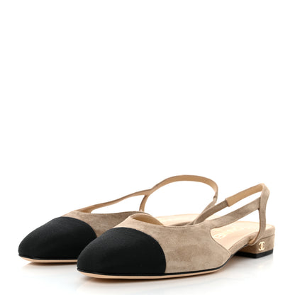 Chanel Suede Satin Cap Toe CC Slingback Sandals 36.5 Beige Black 3 of 9
