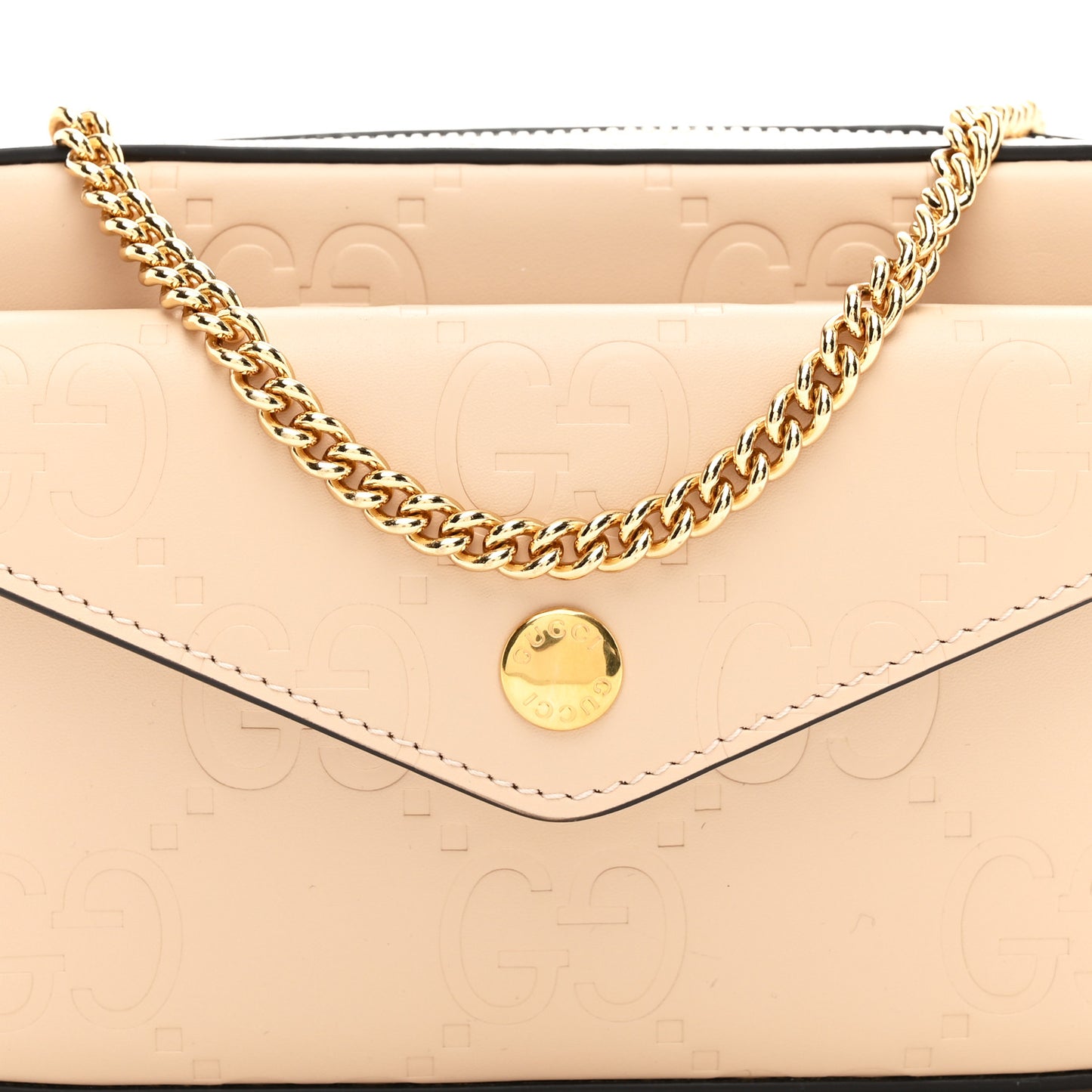 Calfskin GG Super Mini Debossed Chain Wallet Light Beige