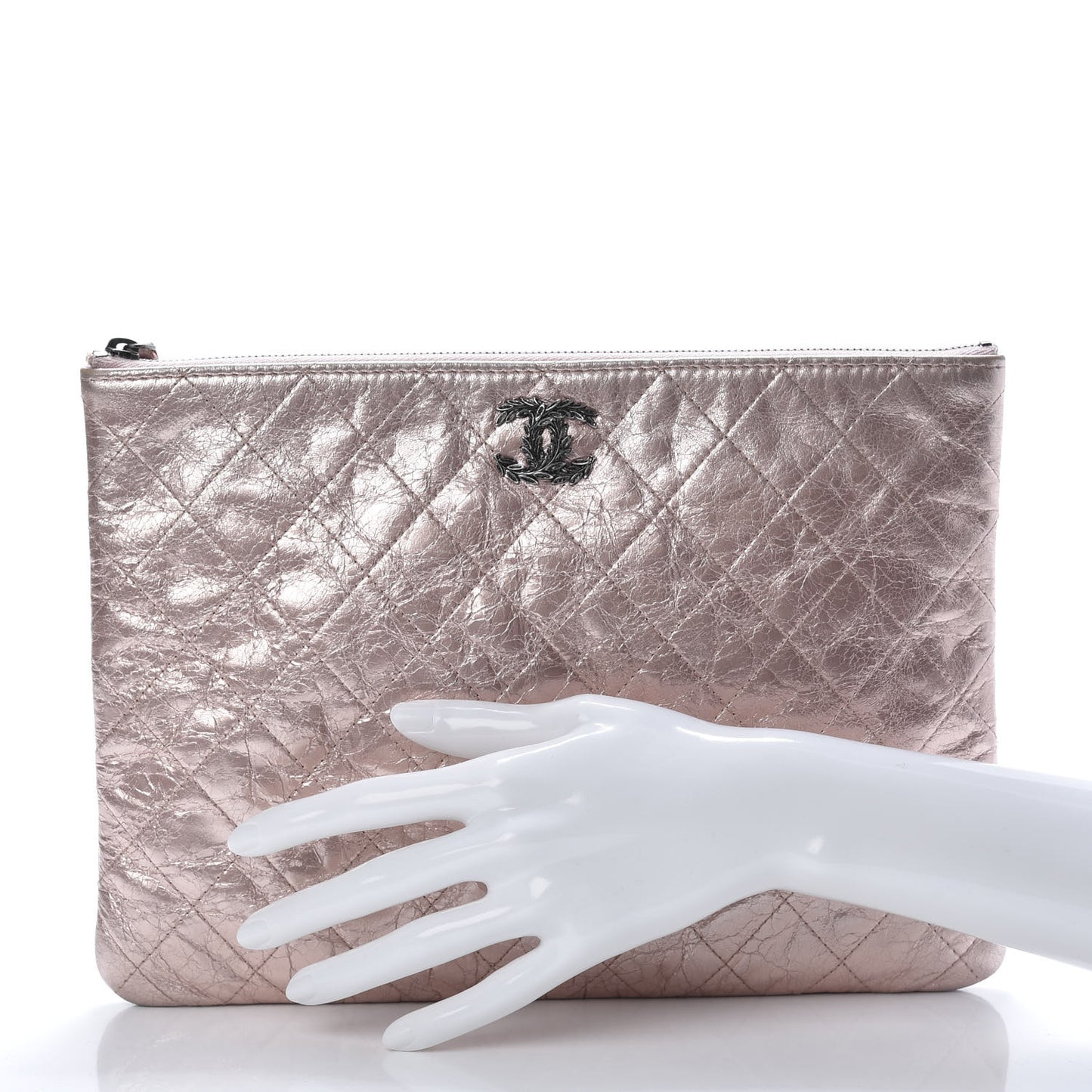 Metallic Aged Calfskin Quilted Medium Cosmetic Case Pink