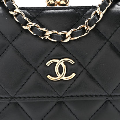 Chanel Lambskin Quilted Kiss Lock Top Handle Flap Clutch With Chain Black 8 of 10