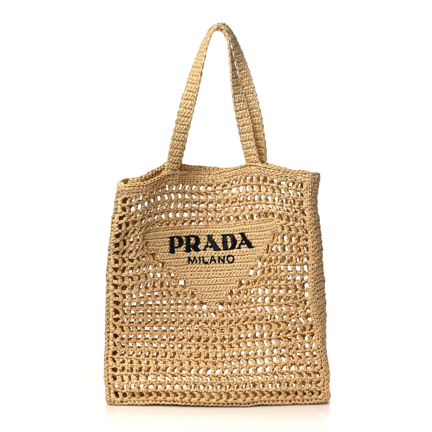 Yarn Raffia Effect Crochet Logo Embroidered Tote Bag Naturale