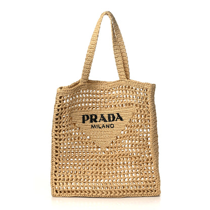 Prada Yarn Raffia Effect Crochet Logo Embroidered Tote Bag Naturale 1 of 8