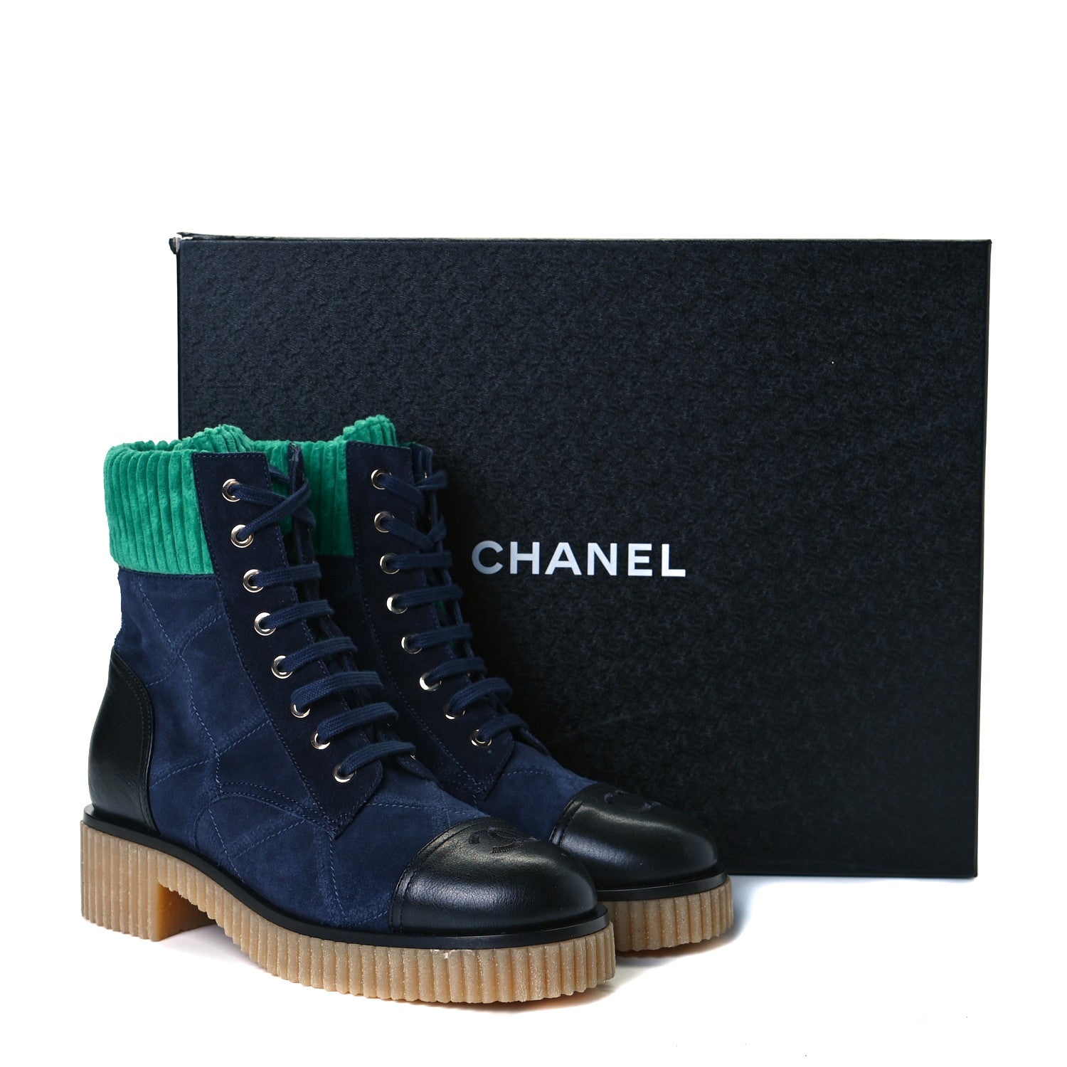 Chanel Suede Calfskin Velvet Quilted CC Combat Boots 38 Navy Green Black 8 of 8