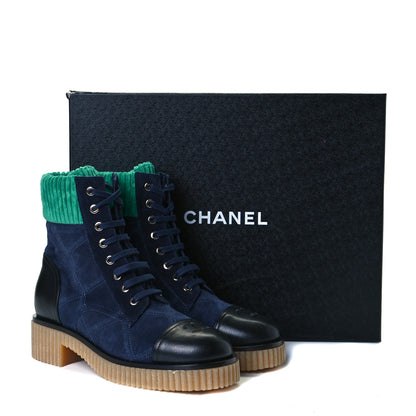 Chanel Suede Calfskin Velvet Quilted CC Combat Boots 38 Navy Green Black 8 of 8