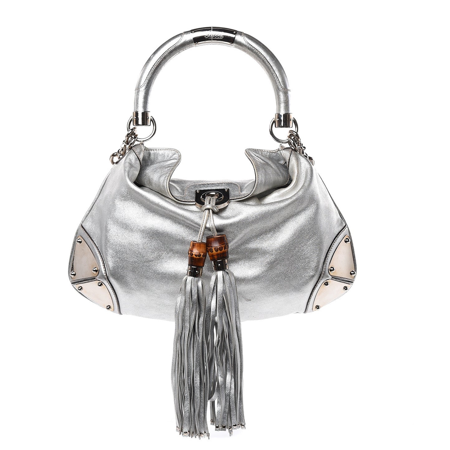Metallic Calfskin Medium Indy Top Handle Hobo Silver