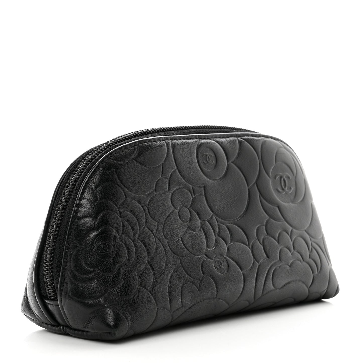 Lambskin Camellia Embossed Cosmetic Case Black