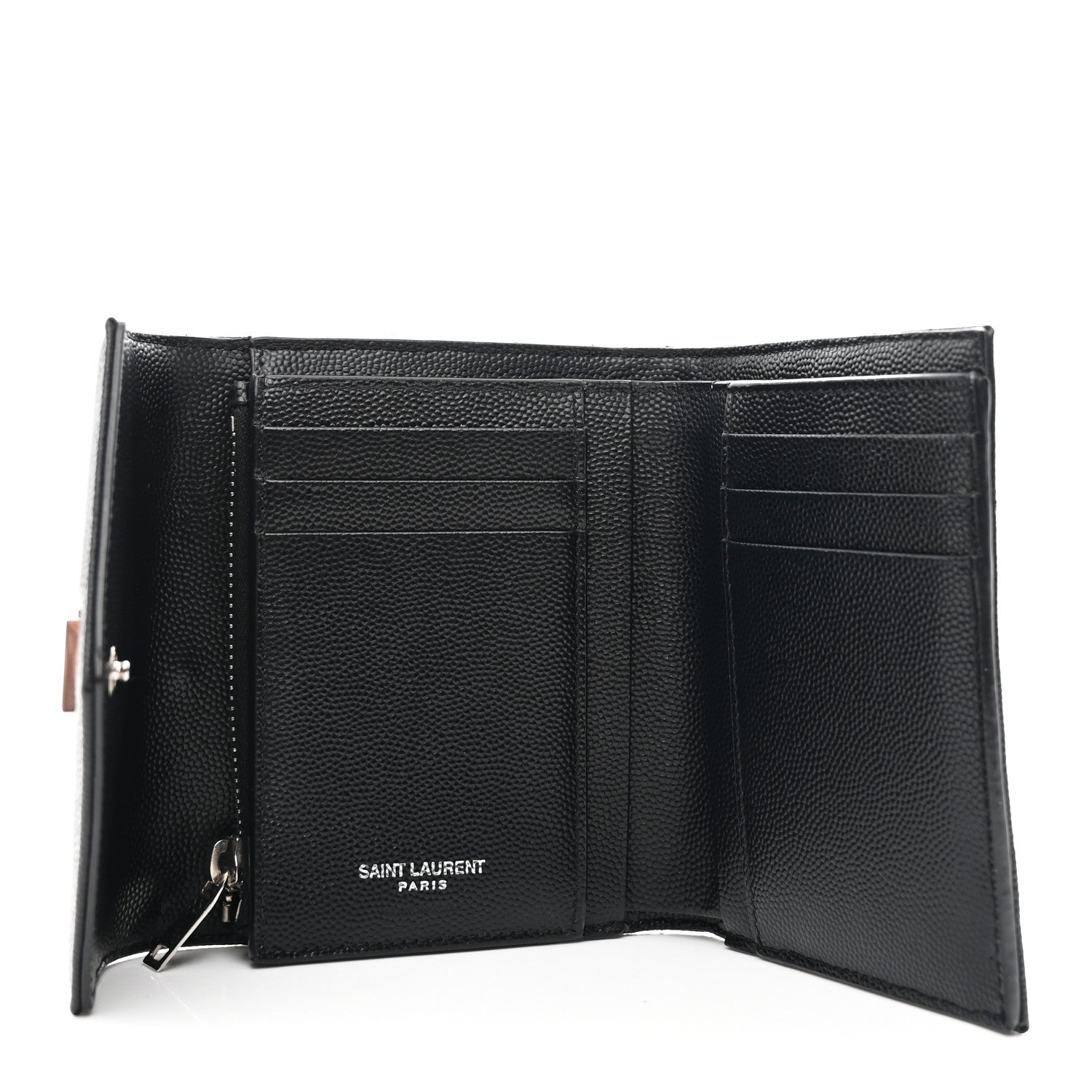 Saint Laurent Grain De Poudre Matelasse Chevron Monogram Compact Tri Fold Wallet Black 5 of 7