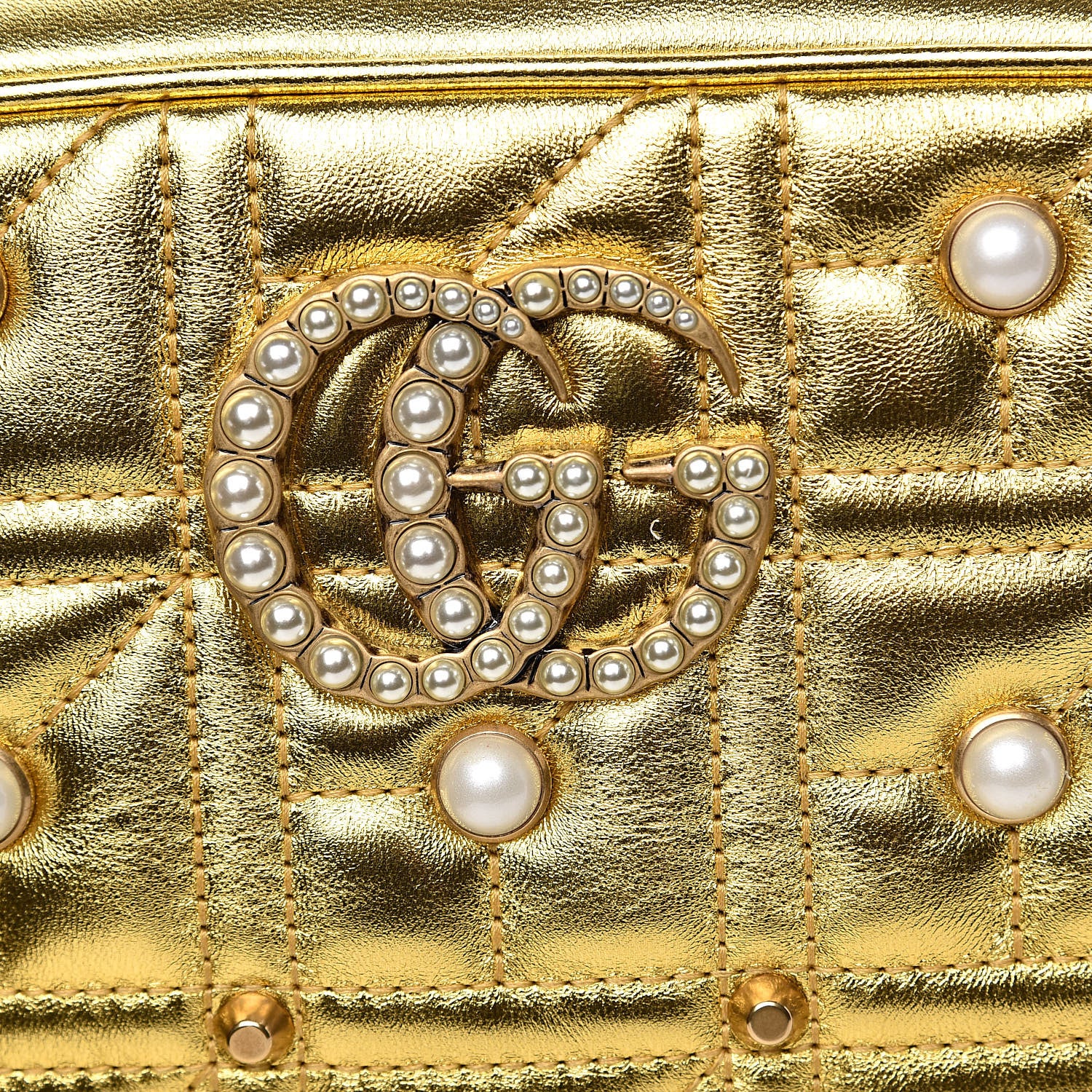 Gucci Metallic Calfskin Matelasse Studded Small Pearly GG Marmont Chain Shoulder Bag Gold 8 of 11