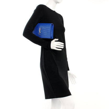 Saint Laurent Calfskin Crocodile Embossed Classic Kate Monogram Clutch Royal Blue 2 of 6