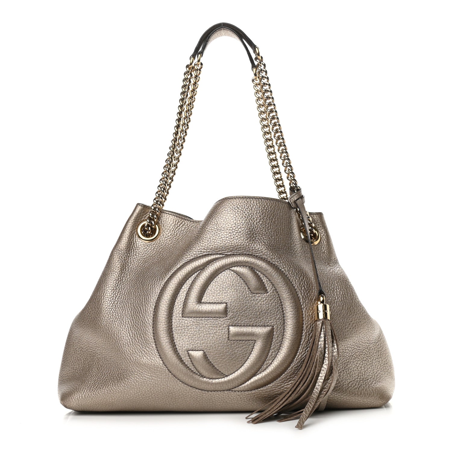 Gucci Metallic Pebbled Calfskin Medium Soho Chain Shoulder Bag Golden Beige 1 of 11