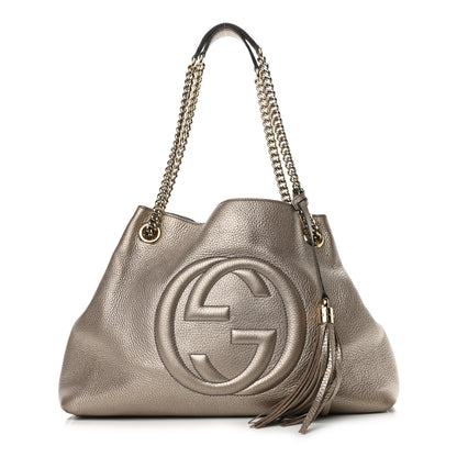 Gucci Metallic Pebbled Calfskin Medium Soho Chain Shoulder Bag Golden Beige 1 of 11