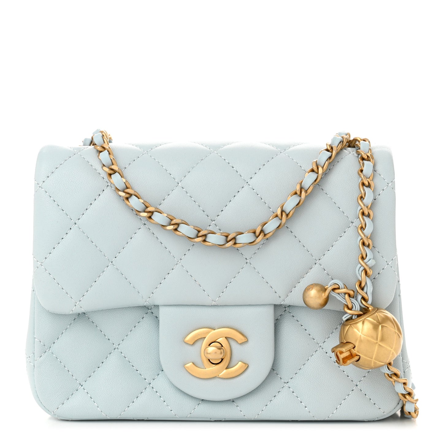 Lambskin Quilted Mini Pearl Crush Flap Light Blue