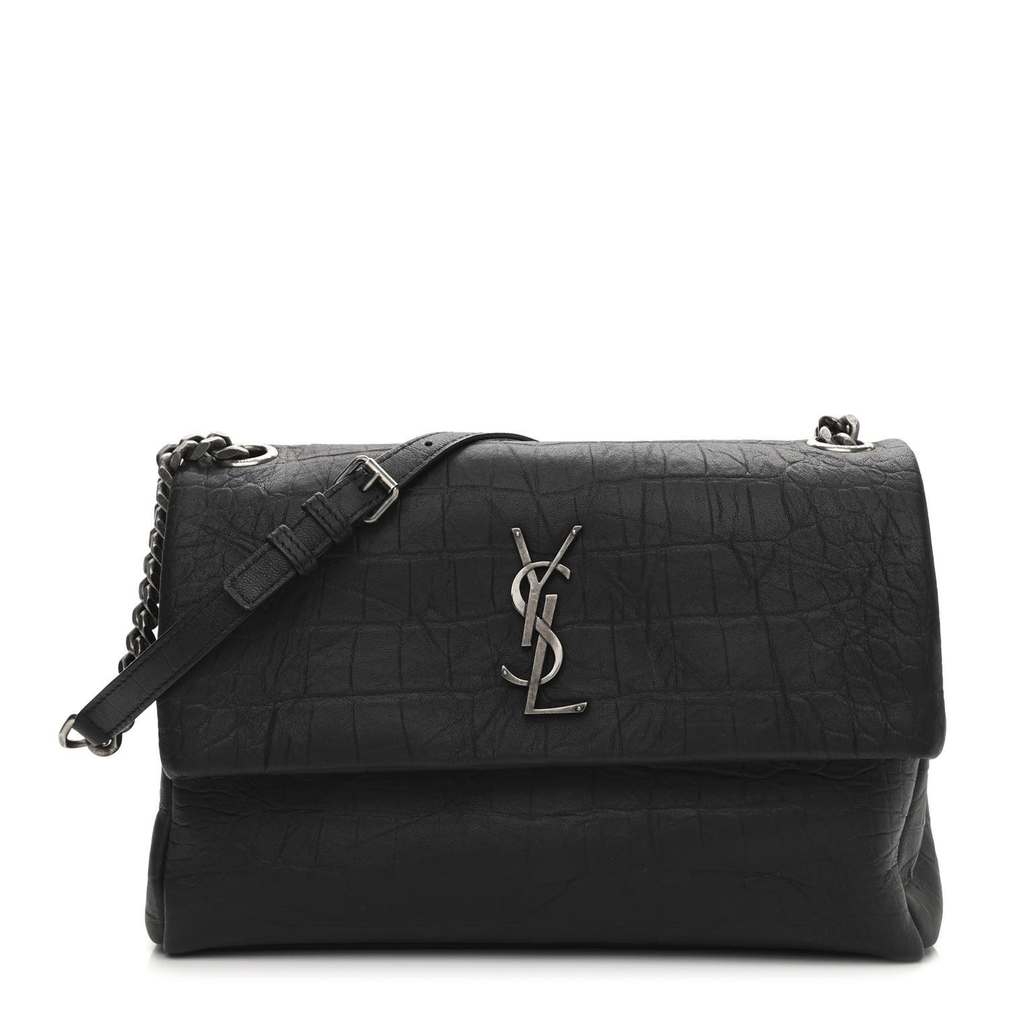 Calfskin Crocodile Embossed Medium West Hollywood Monogram Fold-Over Grey