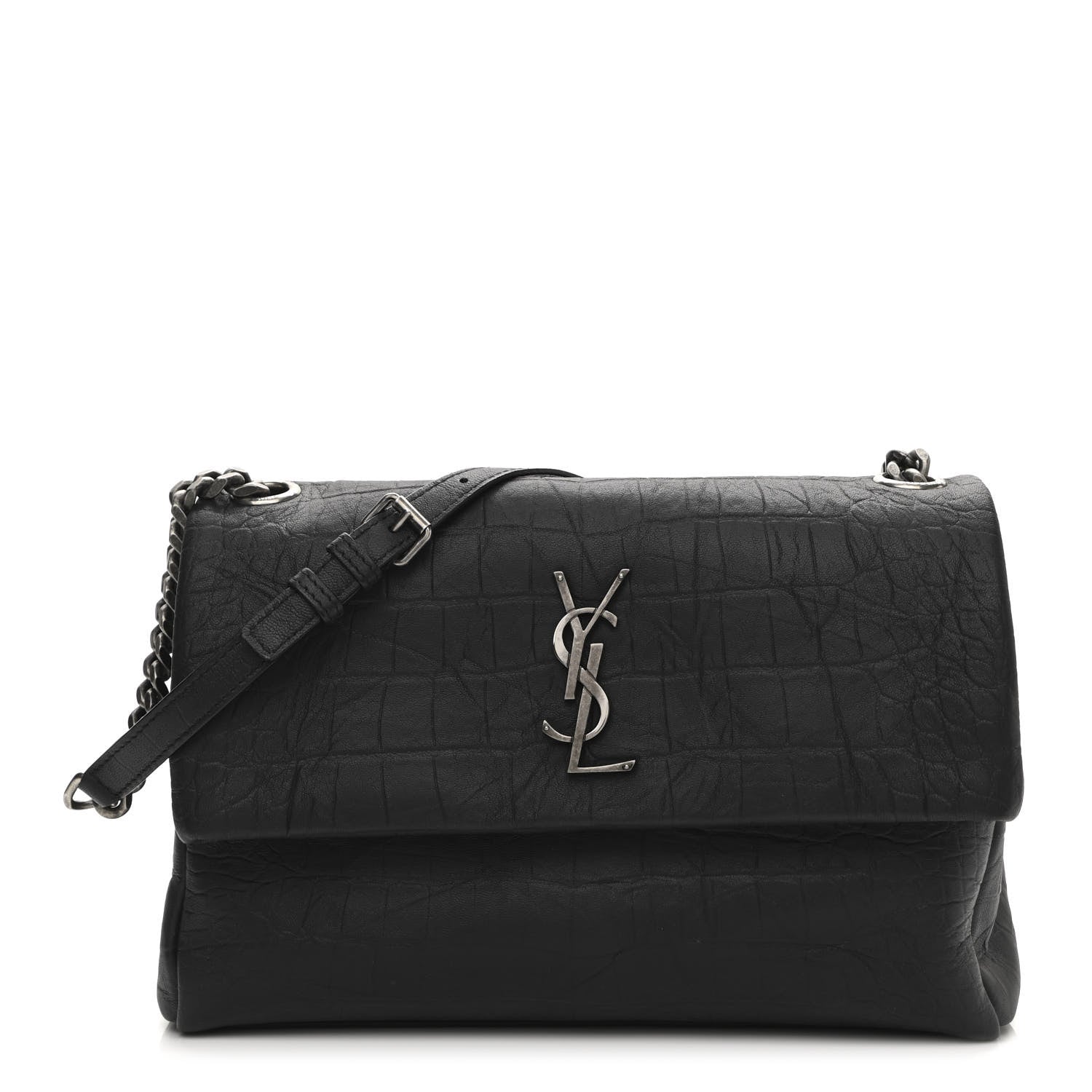 Saint Laurent Calfskin Crocodile Embossed Medium West Hollywood Monogram Fold-Over Grey 1 of 11