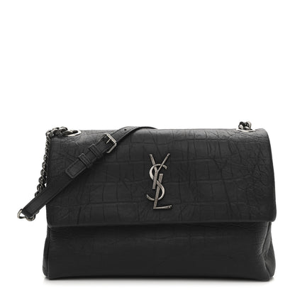 Saint Laurent Calfskin Crocodile Embossed Medium West Hollywood Monogram Fold-Over Grey 1 of 11