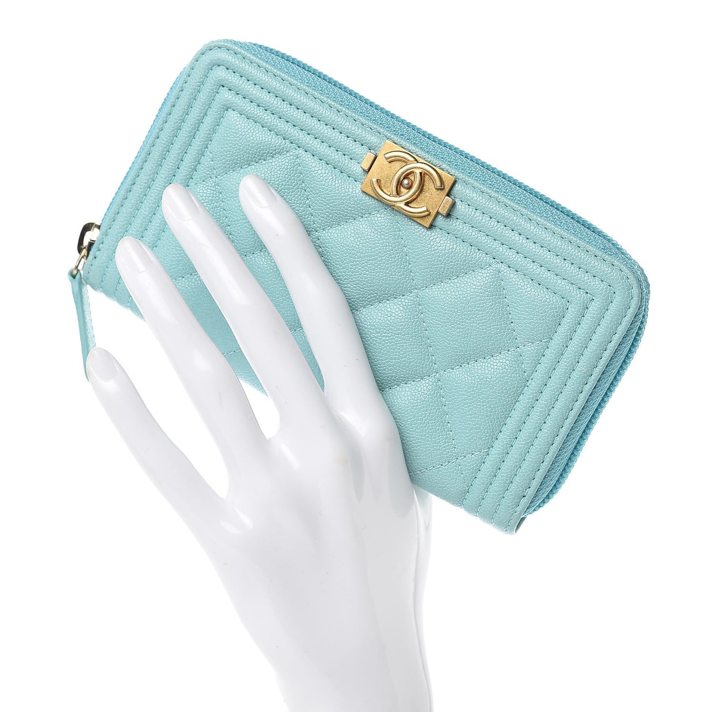 Caviar Quilted Small Boy Zip Around Wallet Light Blue