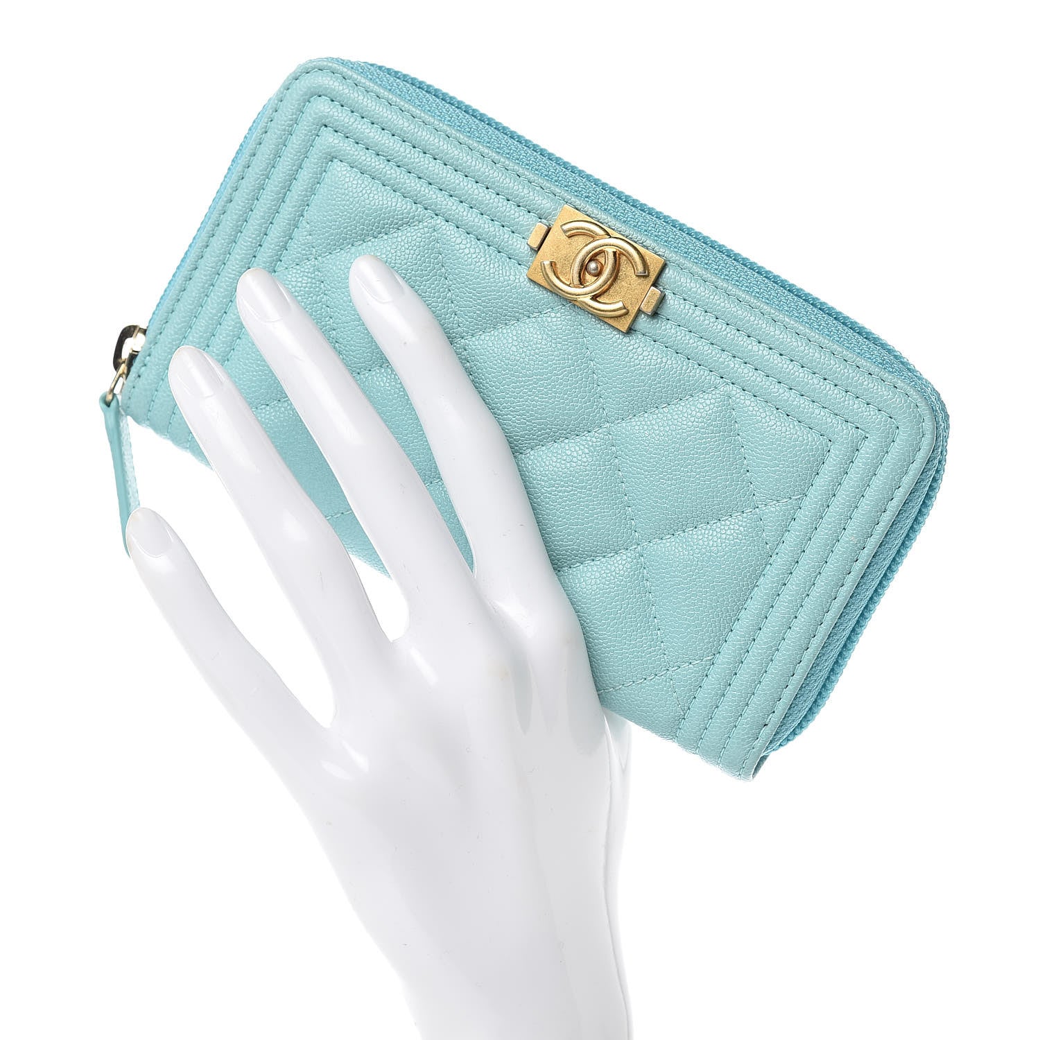 Chanel Caviar Quilted Small Boy Zip Around Wallet Light Blue 2 of 9