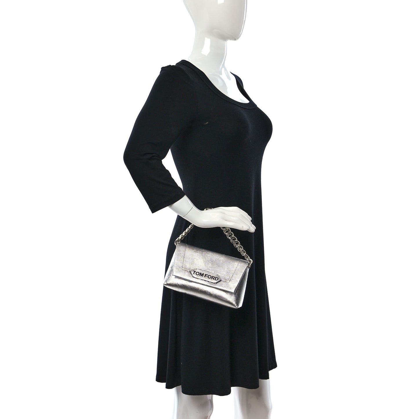 Metallic Lizard Embossed Mini Label Shoulder Bag Silver