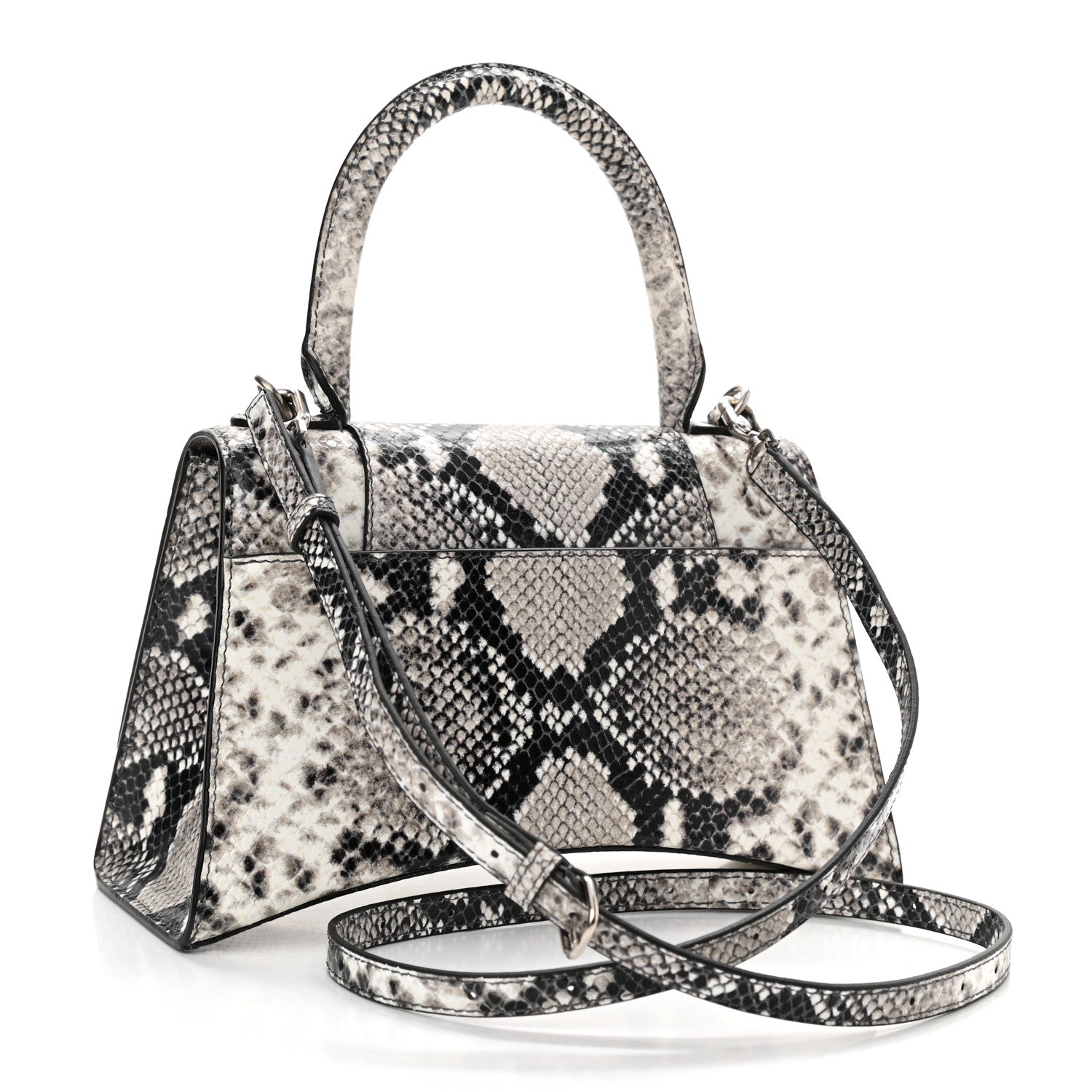 Balenciaga Calfskin Snake Effect Small Hourglass Top Handle Bag Black White 3 of 12
