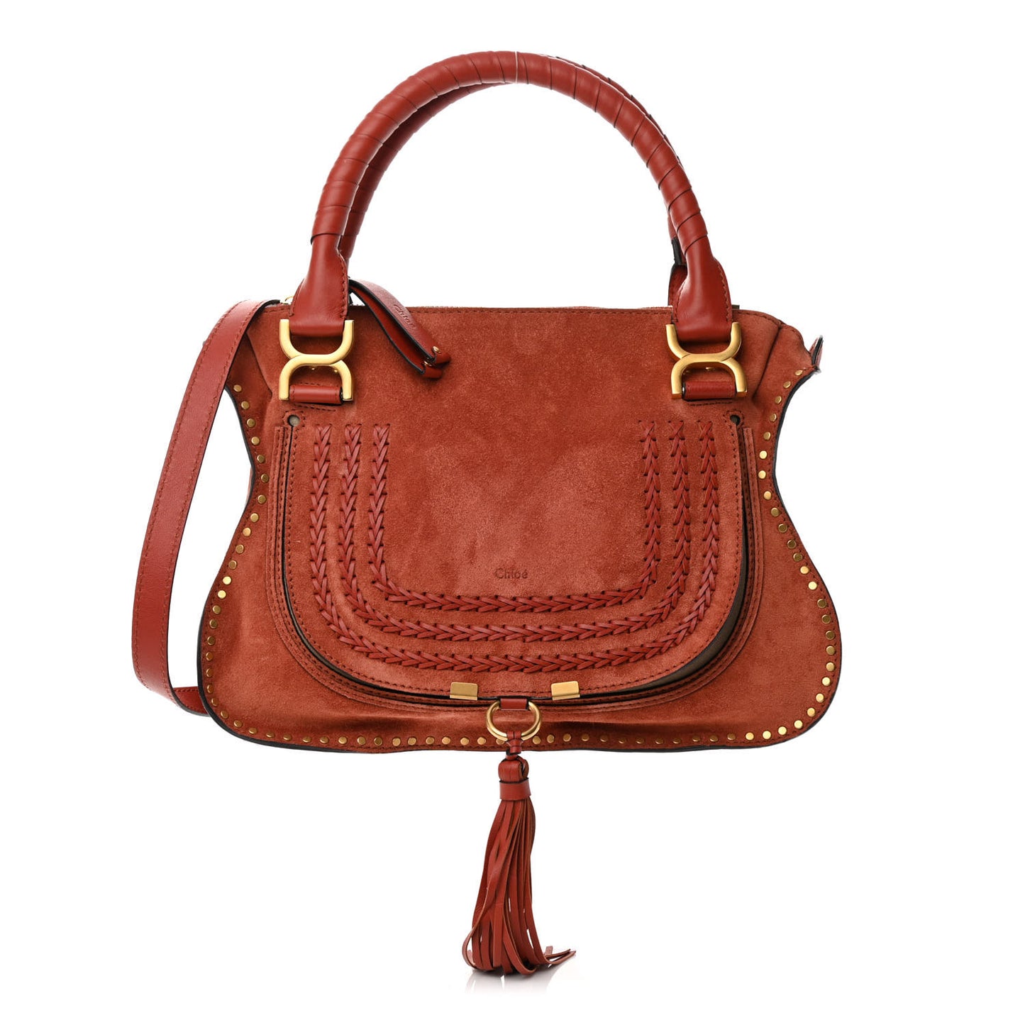 Suede Calfskin Braided Medium Marcie Satchel Terracotta Red