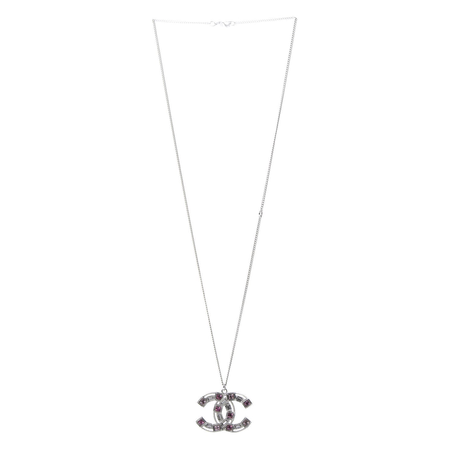 Crystal Baguette CC Pendant Necklace Pink Silver
