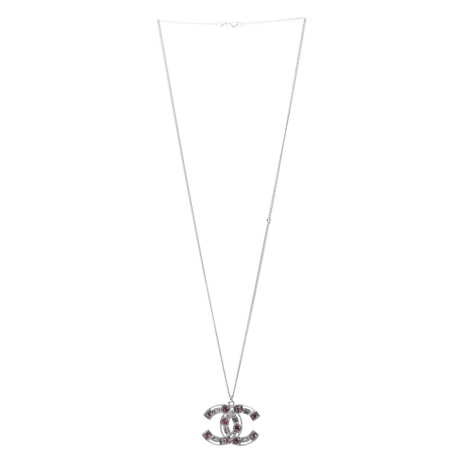 Chanel Crystal Baguette CC Pendant Necklace Pink Silver 3 of 5