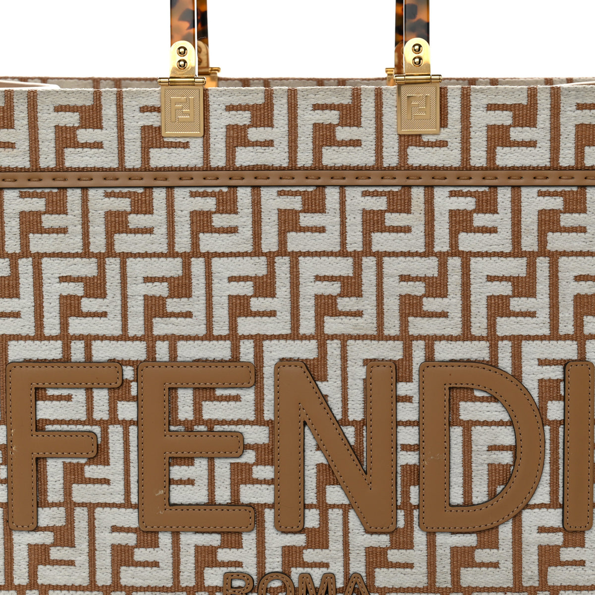 Woven Fabric Calfskin FF Medium Fendi Sunshine Shopper Tote Natural White Dark Honey