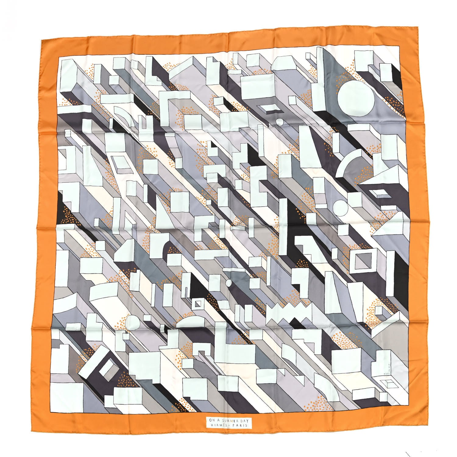 Hermes Silk On a Summer Day Shawl 140 Ocre Gris Bleu Glacier 1 of 5