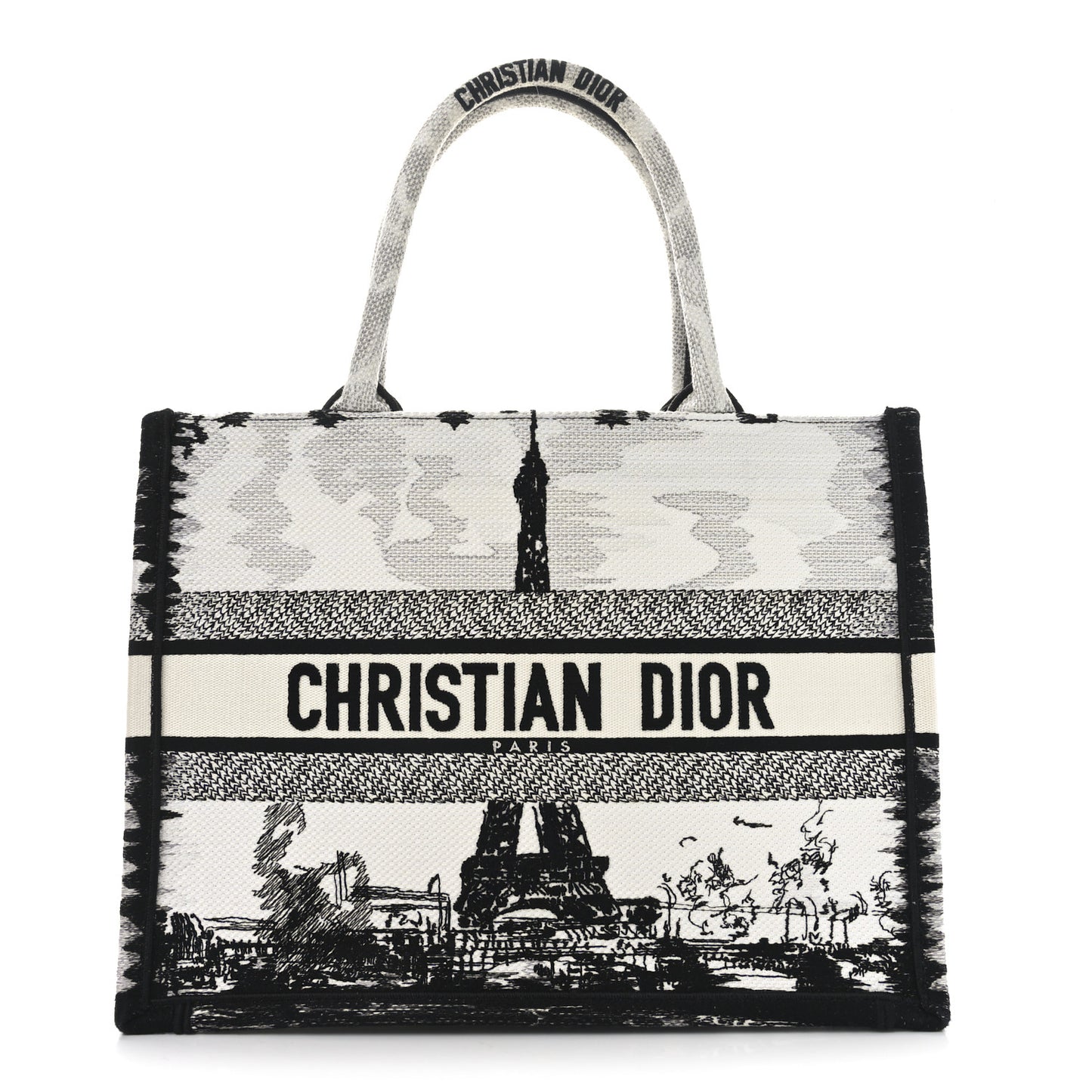 Canvas Embroidered Medium Paris Book Tote White Black